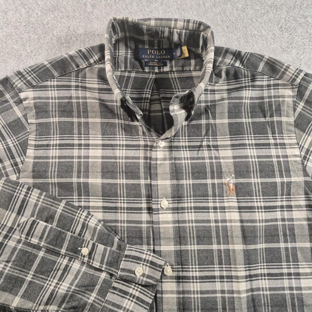 Polo Ralph Lauren Men's M Gray Plaid Classic Fit Performance Shirt Flesh Pony